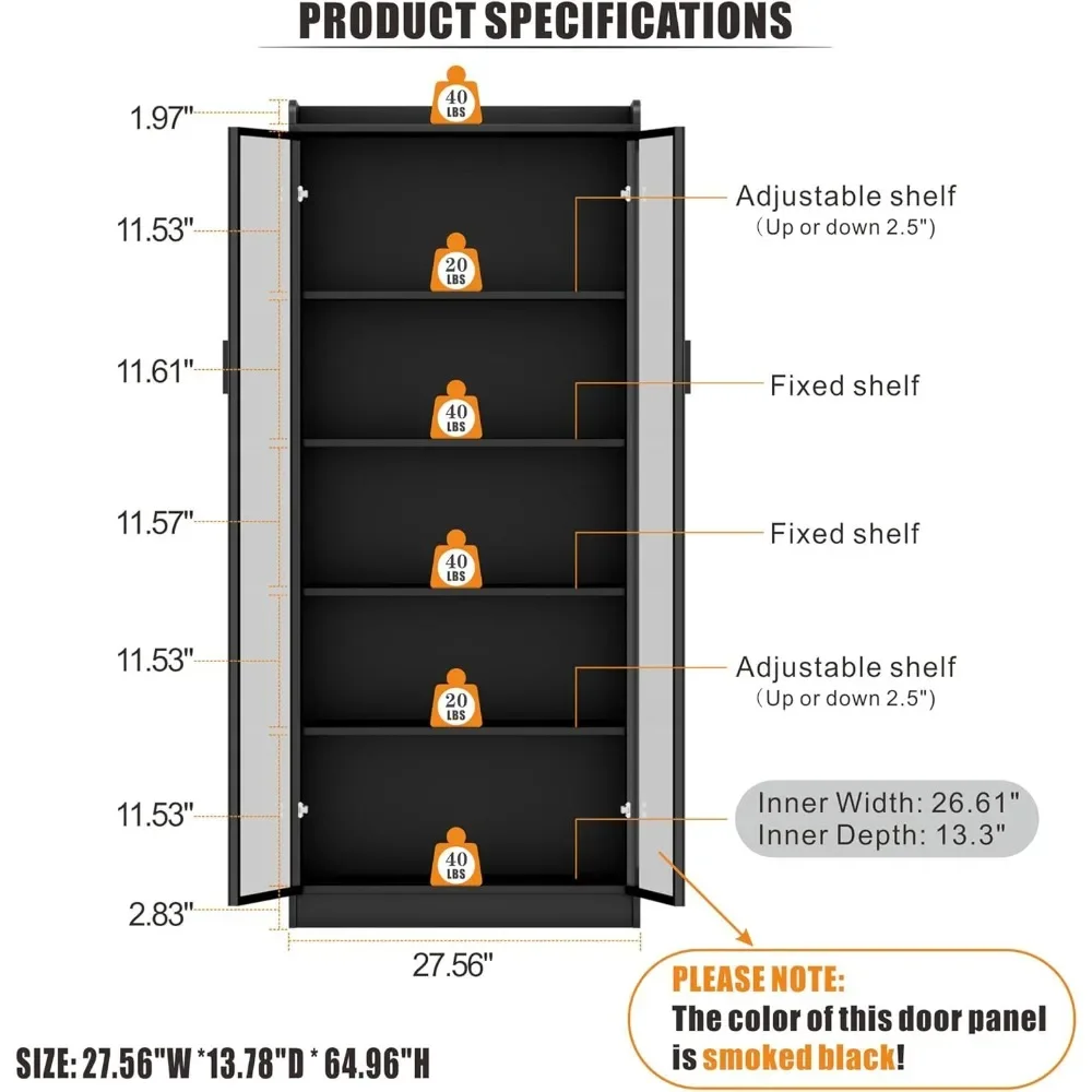 Display Cabinet with Doors and Adjustable Shelves,  Bookcase with LED Lights Human Sensor, Display Case for Colle