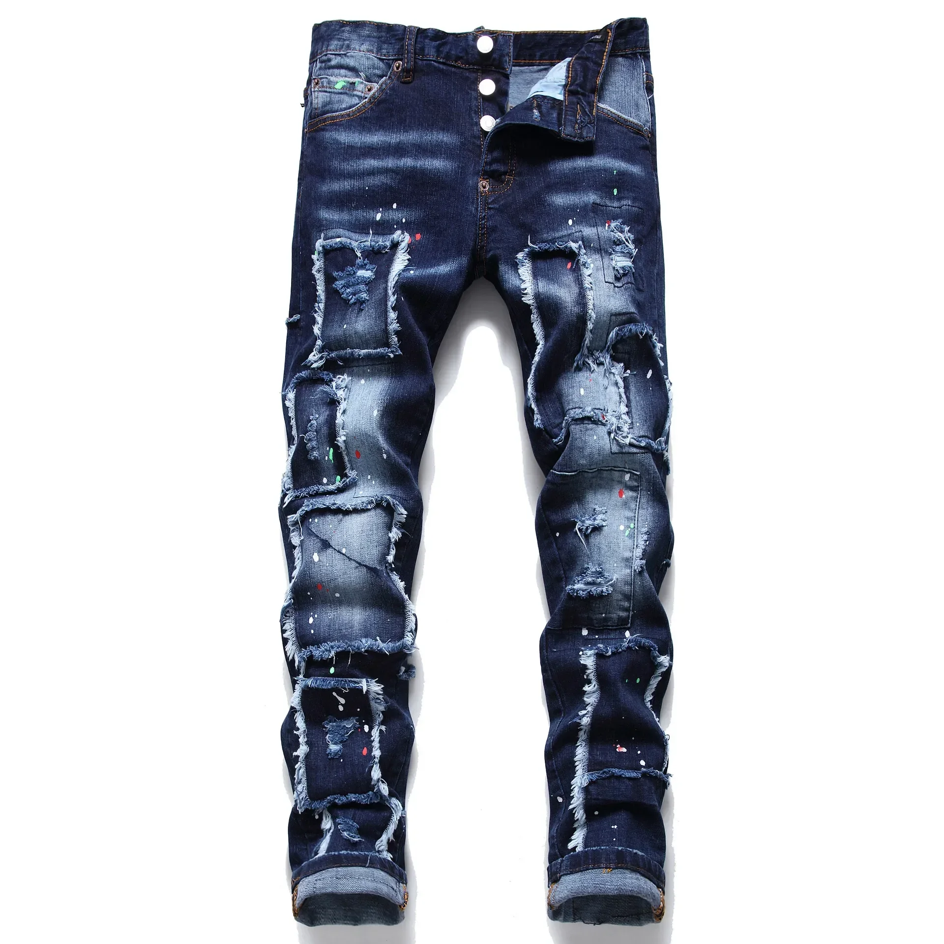 Herenmode gescheurde jeans Hoge kwaliteit luxe merk heren slim fit mode kleine voet blauwe broek mannelijke stretch skinny jeans 54