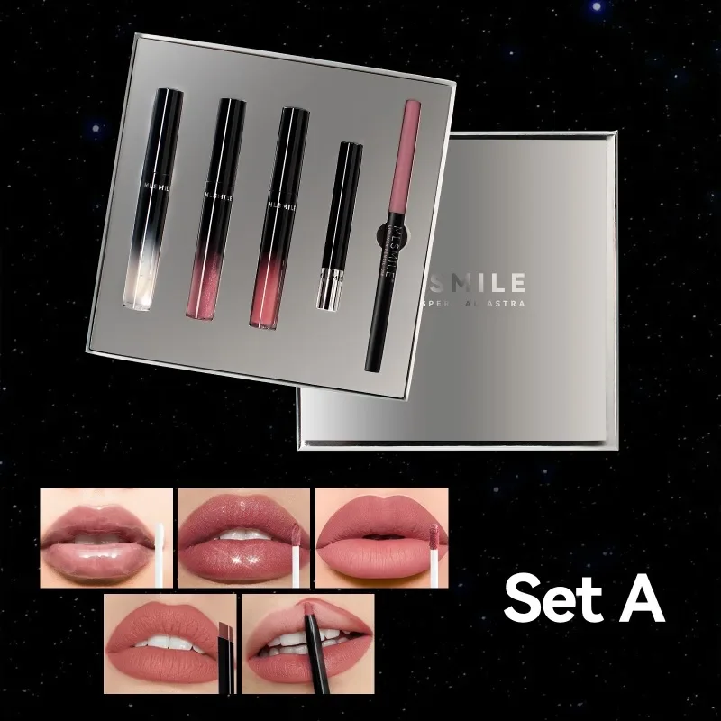 Silver Gift Box Lip Glaze Set 5pcs Lipstick Set Lip Liner Pencil Non Stick Cup Waterproof Matte Lip Gloss Tint Stain Cosmetics