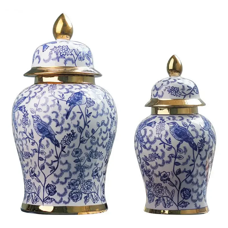 Blue and White Porcelain General Jar with Lids Ceramic Storage Jars Cosmetic Containers Artificial Flower Decorative Floral Vase