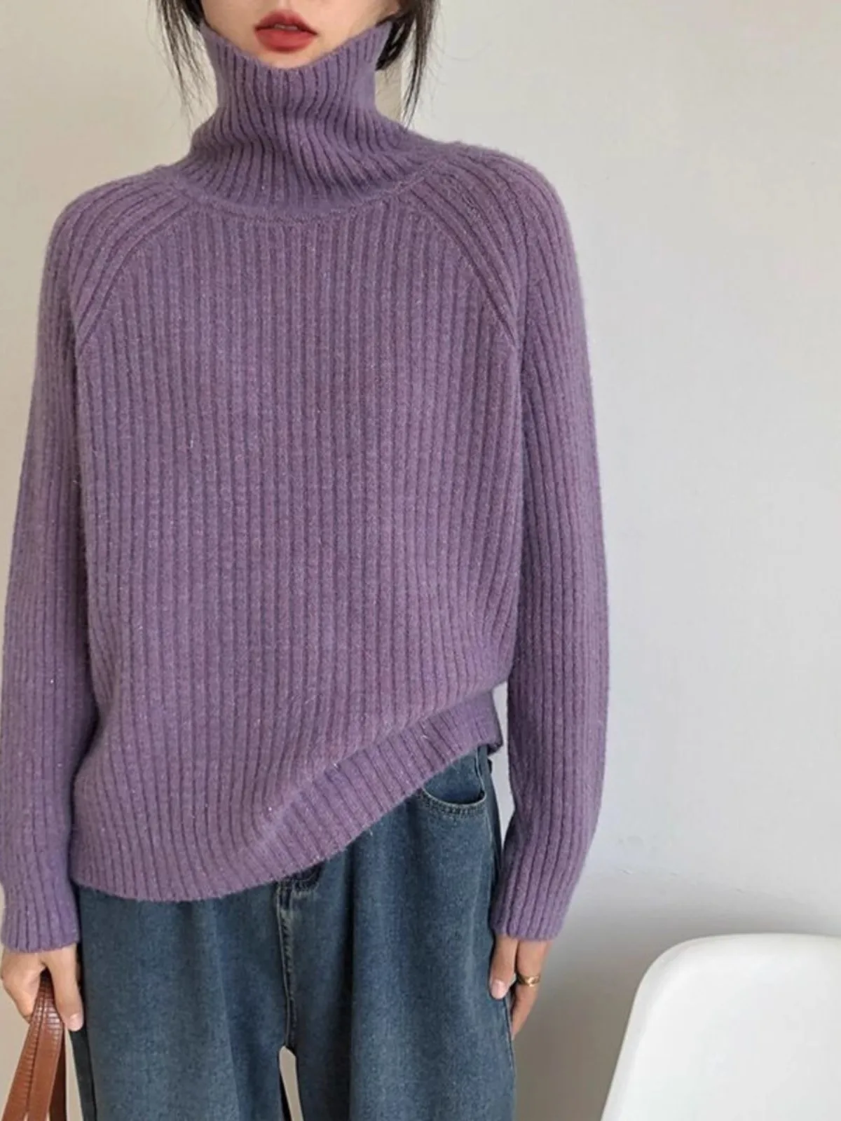 

Утепленный вязаный свитер с высоким воротником для женщин: мягкий, теплый, однотонный, свободного кроя, универсальный, в полоску, для повседневной носки, зимний.