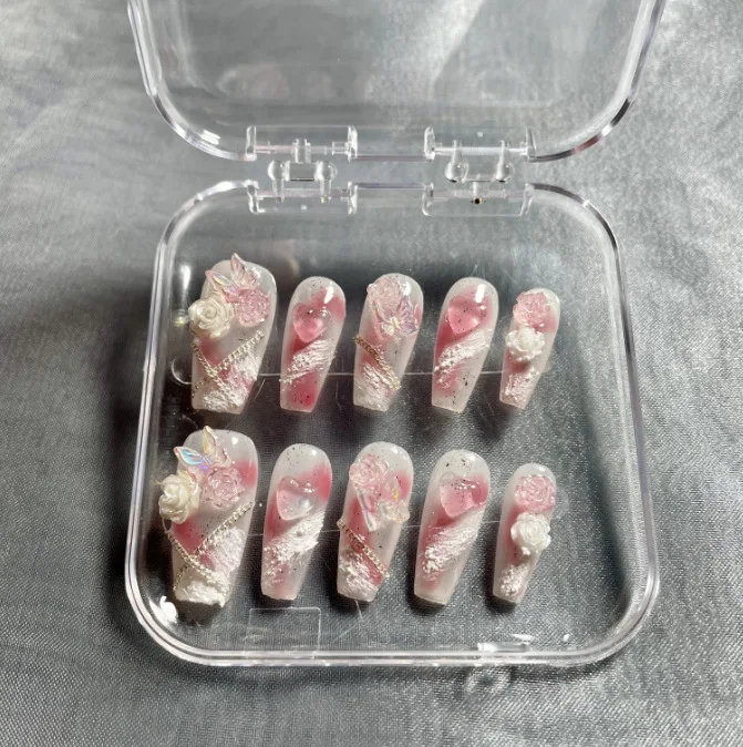 

10PCS Sweet Cool Pink Gradient French Handmade Press on Nails 3D Roses Aurora Butterfly Medium Coffin Fake Nails Spice Girls Set