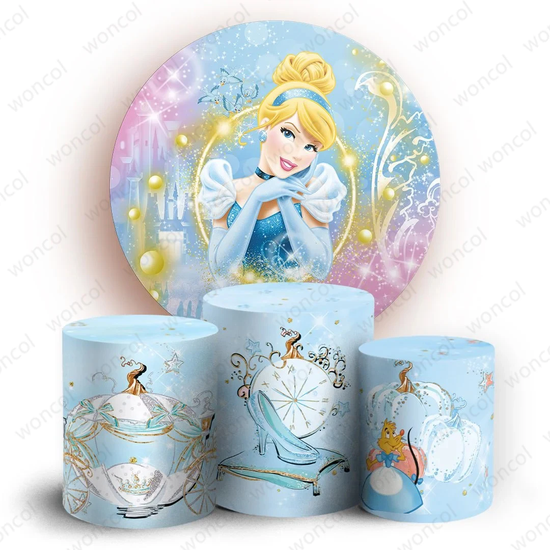 Disney Cinderella Birthday Round Cover Princess Birthday Baby Shower Backdrop Cinderella Cylinder Cover Party Decorations Prop