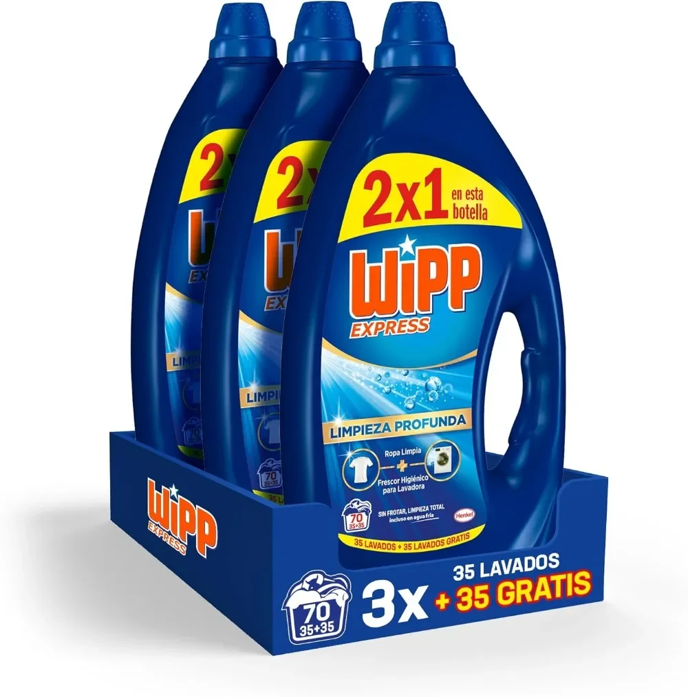 Wipp Express Limpieza Profunda Plus Frescor Activo, Detergente Liquido para Lavadora, 35+35 lavados, Pack de 3 - Total 210