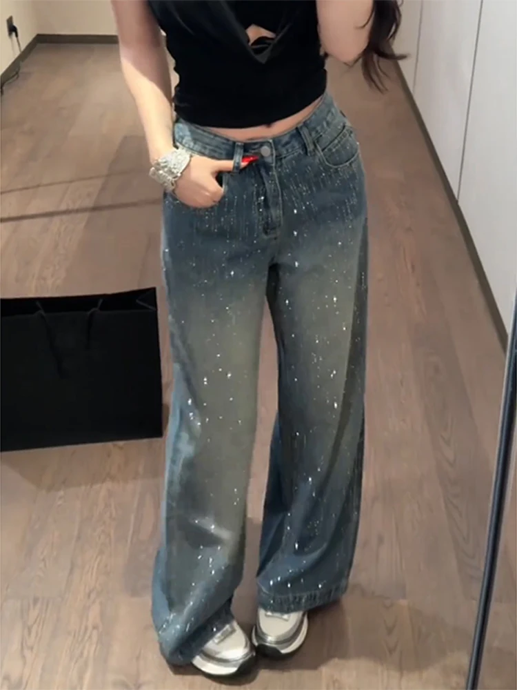 

Утепленные широкие джинсы Thiened Fce с декором из страз, осенне-зимние, больших размеров, женские повседневные брюки прямого кроя