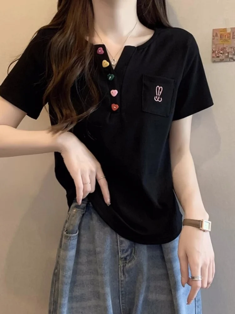 تي شيرت نسائي صيفي فضفاض من القطن الخالص بأكمام قصيرة ورقبة على شكل حرف v تي شيرت نسائي صيفي فضفاض غير رسمي على الطراز الكوري... #3