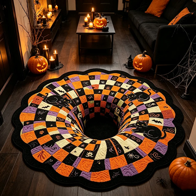 Halloween Retro Black Cat Plaid Swirl Illusion Round Rug Visual Trap Decor Carpet for Bedroom & Living Room Soft Washable Mat