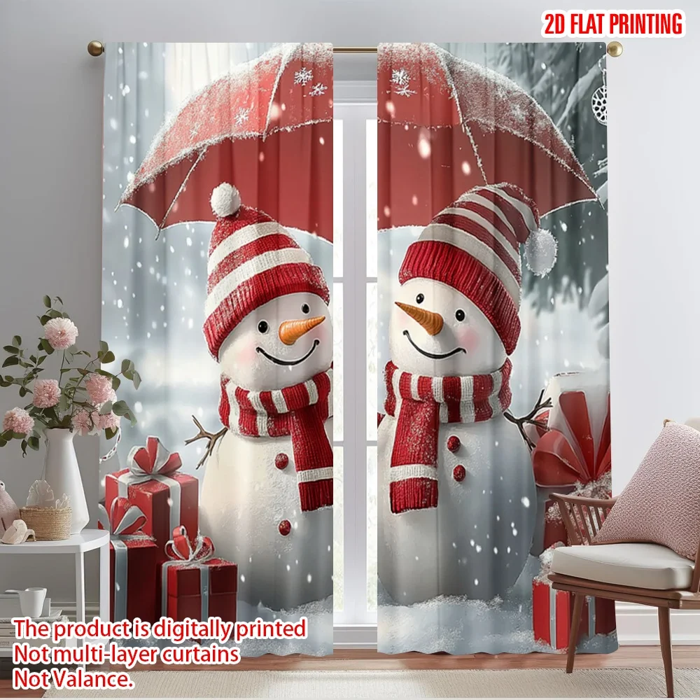 2pcs,2D plane printing Curtain Popular Christmas Snowmen Merry Winter Fun (3) Polyester Fabric (without rod) Gifts Ldeal for