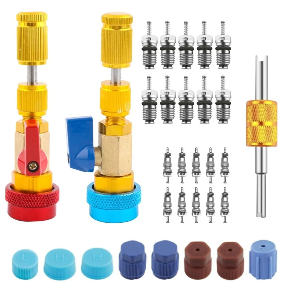 31Pcs Car AC Valve Core Removal Tool Set Brass Aluminum Alloy For Quick High Low Pressure Air Conditioning Repair Kit
