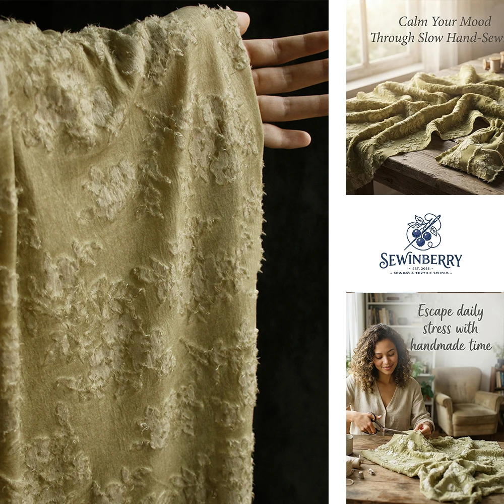 Vintage Sage Green Floral Frayed Jacquard Fabric Stress Relief DIY Sewing Material For Dress Blouse Decor Handmade Craft Supply
