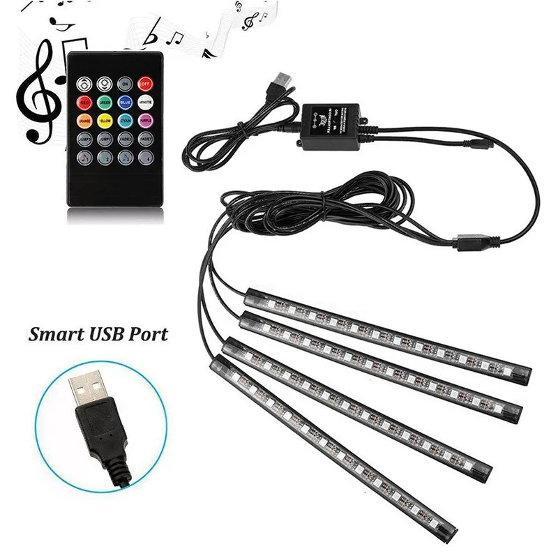 Car RGB LED Strip 4*9/12/18pcs SMD5050 12W Car Interior Decorative Atmosphere Strip Auto RGB Pathway Floor Light Remote Control