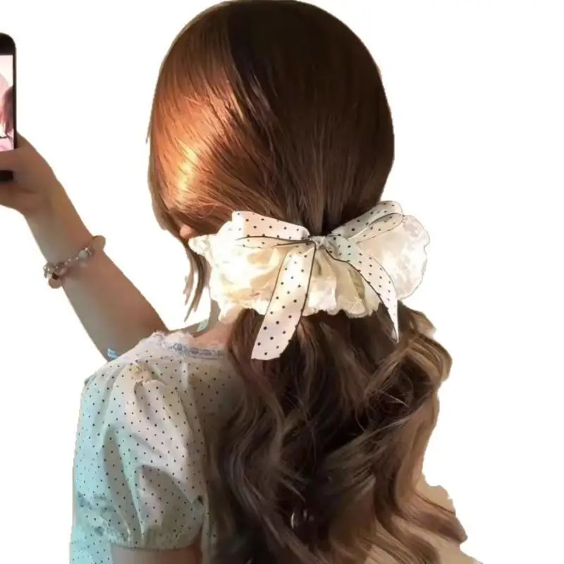 Gepunktete Schleifen-Haarspange im koreanischen Stil, süße Halb-High-Ponytail-Halterung, rutschfeste Haarspange, mädchenhaftes Party-Haar-Accessoire – Detail 5