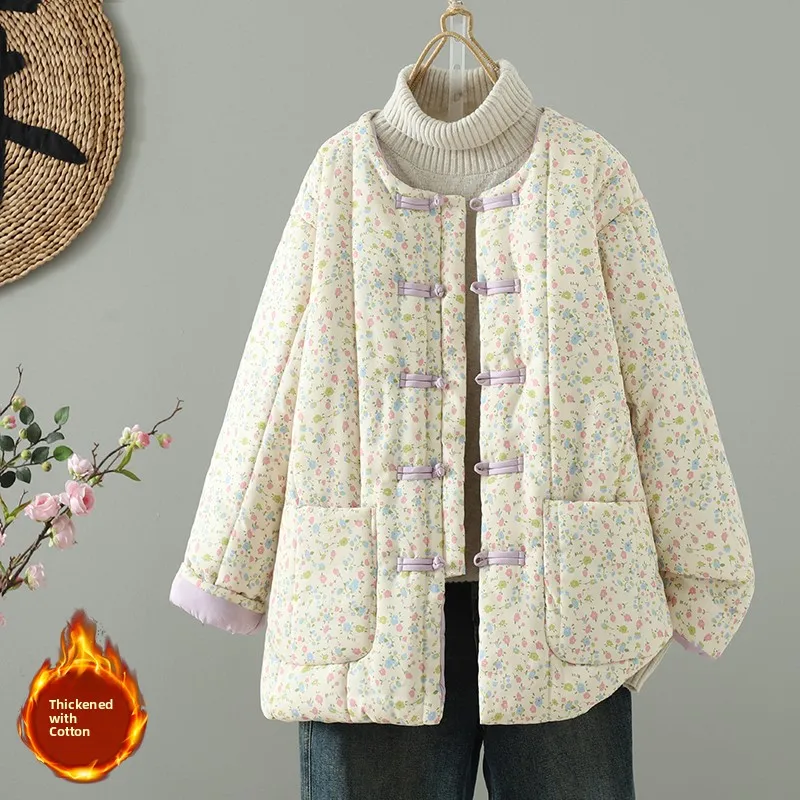 

Thiened Cotton Jaet Women's Winter New Sle Chinese National Sle Buttoned Outerwear Floral Ethnic Sle Small Cotton J...