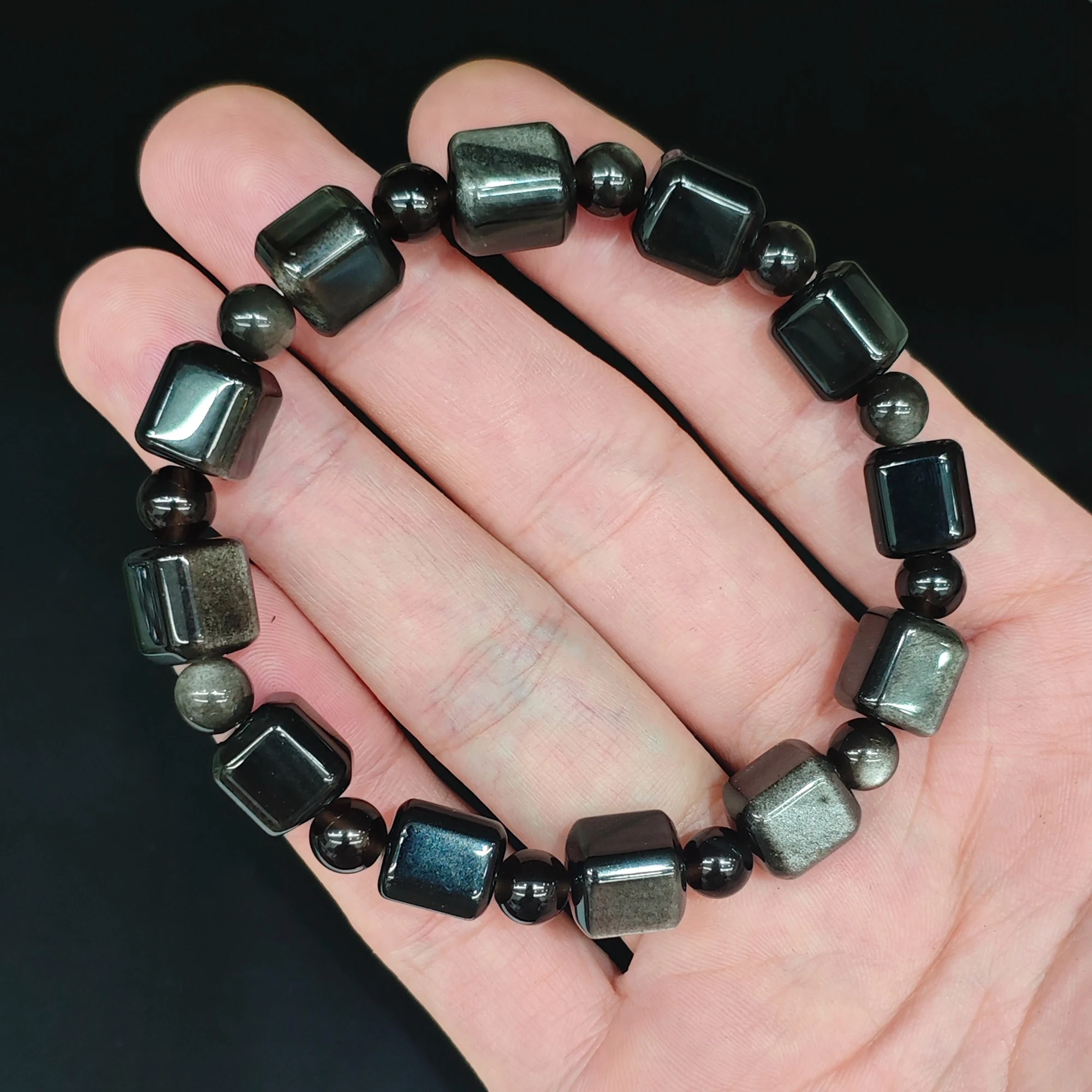 Natural Silver Obsidian Bracelet 10mm Sugar Cube Square Bead Sheen Gemstone Crystal Stretch Gift Unisex Spacer 16-22cm