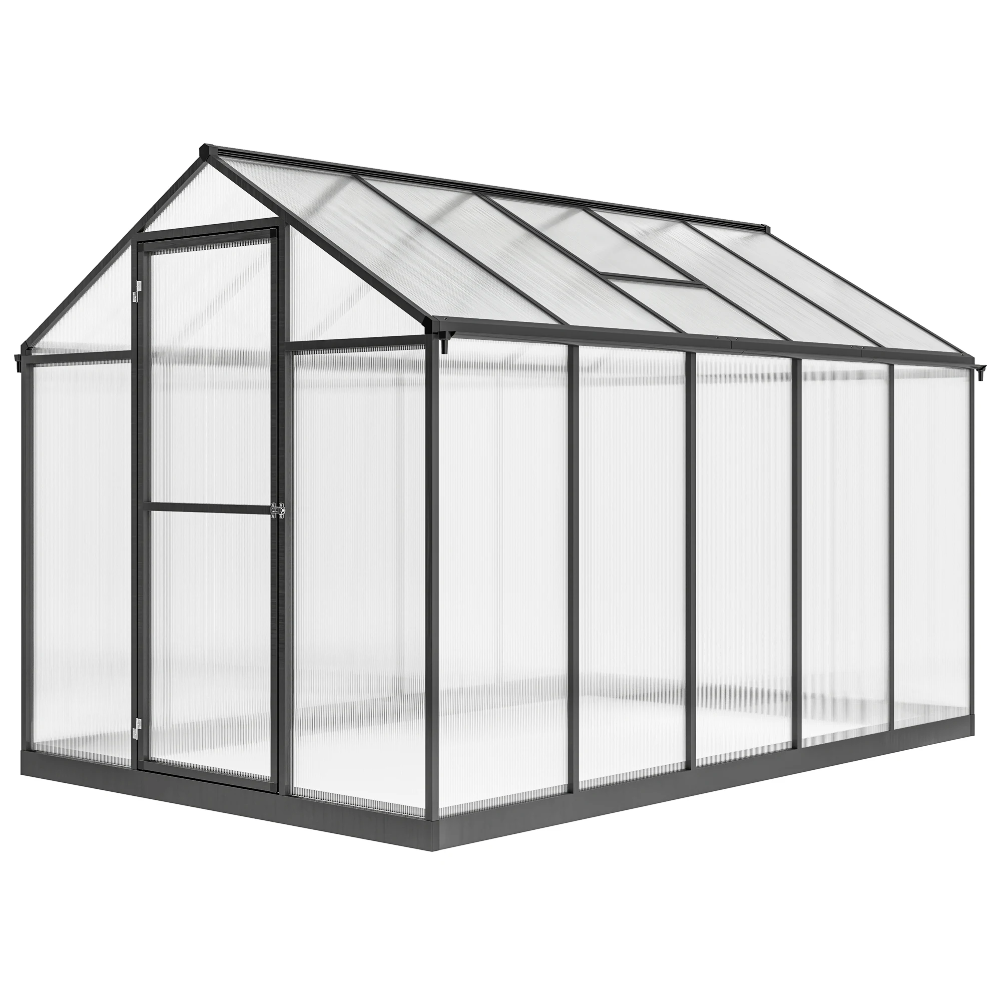 Serra da giardino in alluminio e policarbonato con finestre superiori regolabili, dimensioni 303x183x195 cm, trasparente.