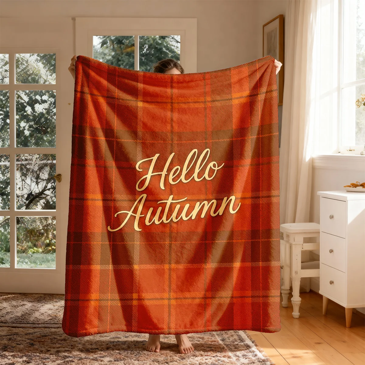 Stampa 2D su tessuto piatto, 1 pezzo, coperta in flanella a tema con motivo a quadri rosso-marrone autunnale, morbida, leggera e calda, adatta a tutte le stagioni, perfetta per divani, uffici,