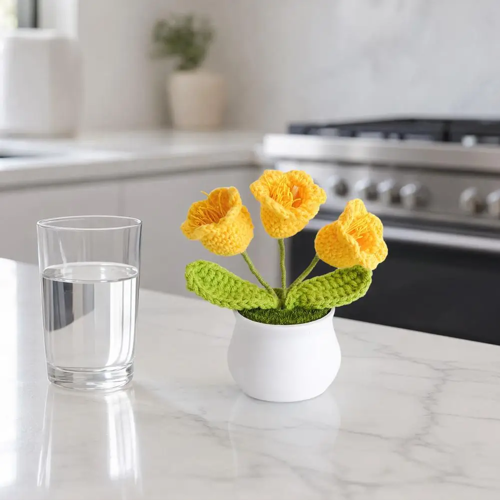 Flores de Ganchillo de Lana Hechas a Mano, Maceta de Flores de Ganchillo de Lana Hechas a Mano, Flores de Punto Texturizadas en 3D, Flores Decorativas Coloridas para el Hogar