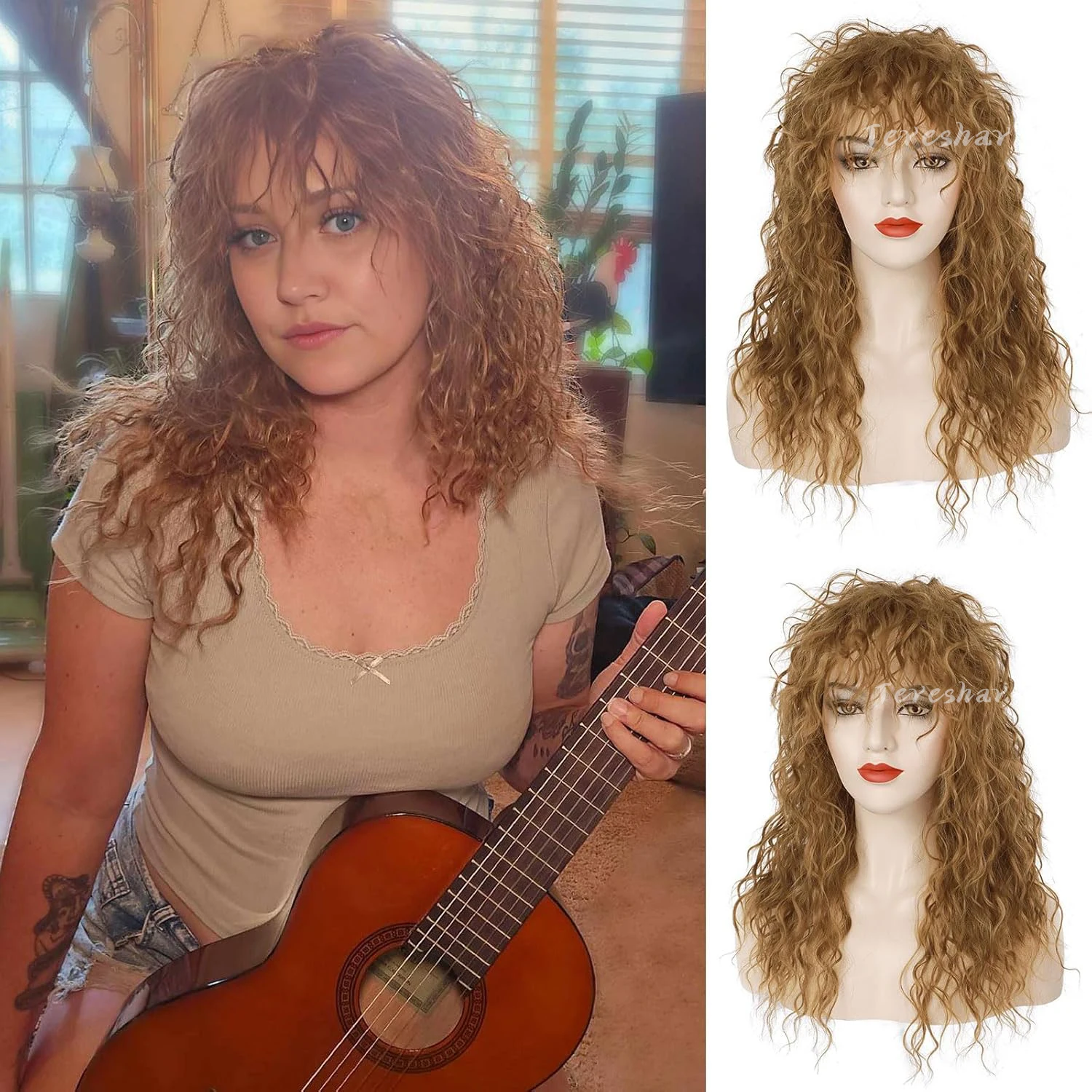 Synthetic 80s Rocker Wig for Men and Women Mullet Wig Long Curly Heavy Metal Funny Wig for Costume Cosplay Halloween Party Use