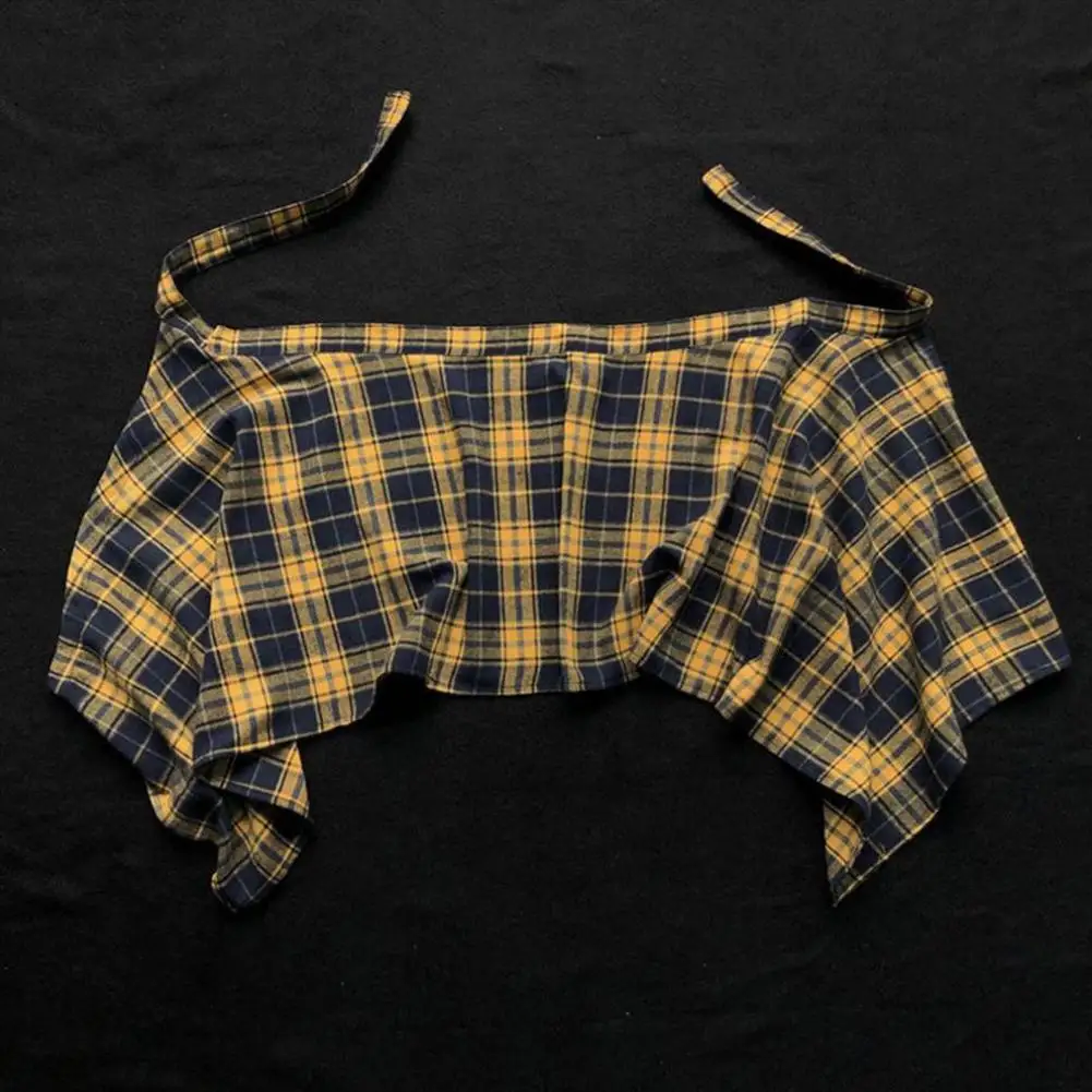 Lässiger Unisex-Rock mit unregelmäßigem Karomuster, Schleifenknoten, elastischer Taille, Hemdstil, blau-weißes Gittermuster, Mini-A-Linien-Kurzrock – Detail 9