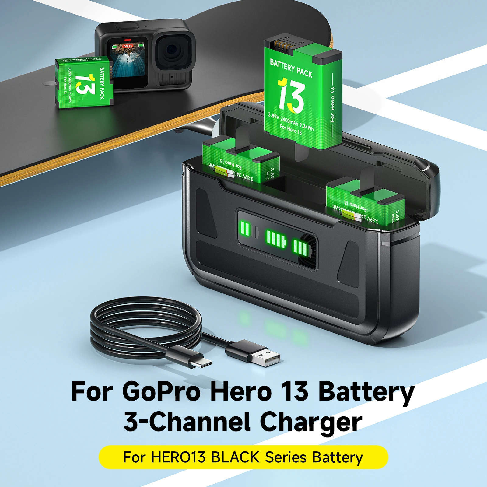 بالو 2400 مللي أمبير لبطارية GoPro Hero 13 + صندوق شاحن 3 فتحات مع منفذ Type-C لملحقات كاميرا GoPro Hero 13 الرياضية السوداء