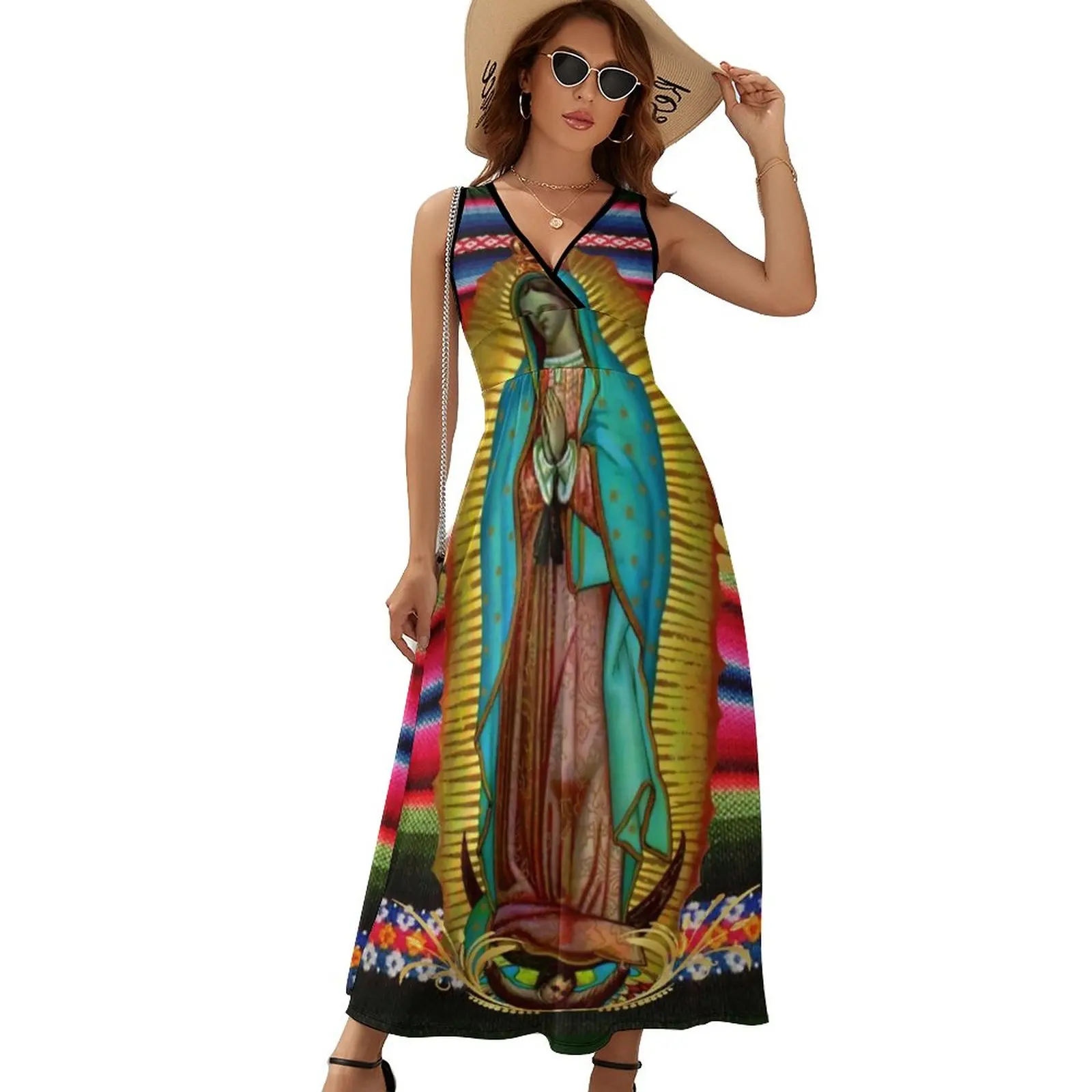 

Virgin Mary Zarape Dress Our Lady of Guadalupe Street Style Bohemia Long Dresses Lady Cute Maxi Dress Graphic Vestido Gift Idea