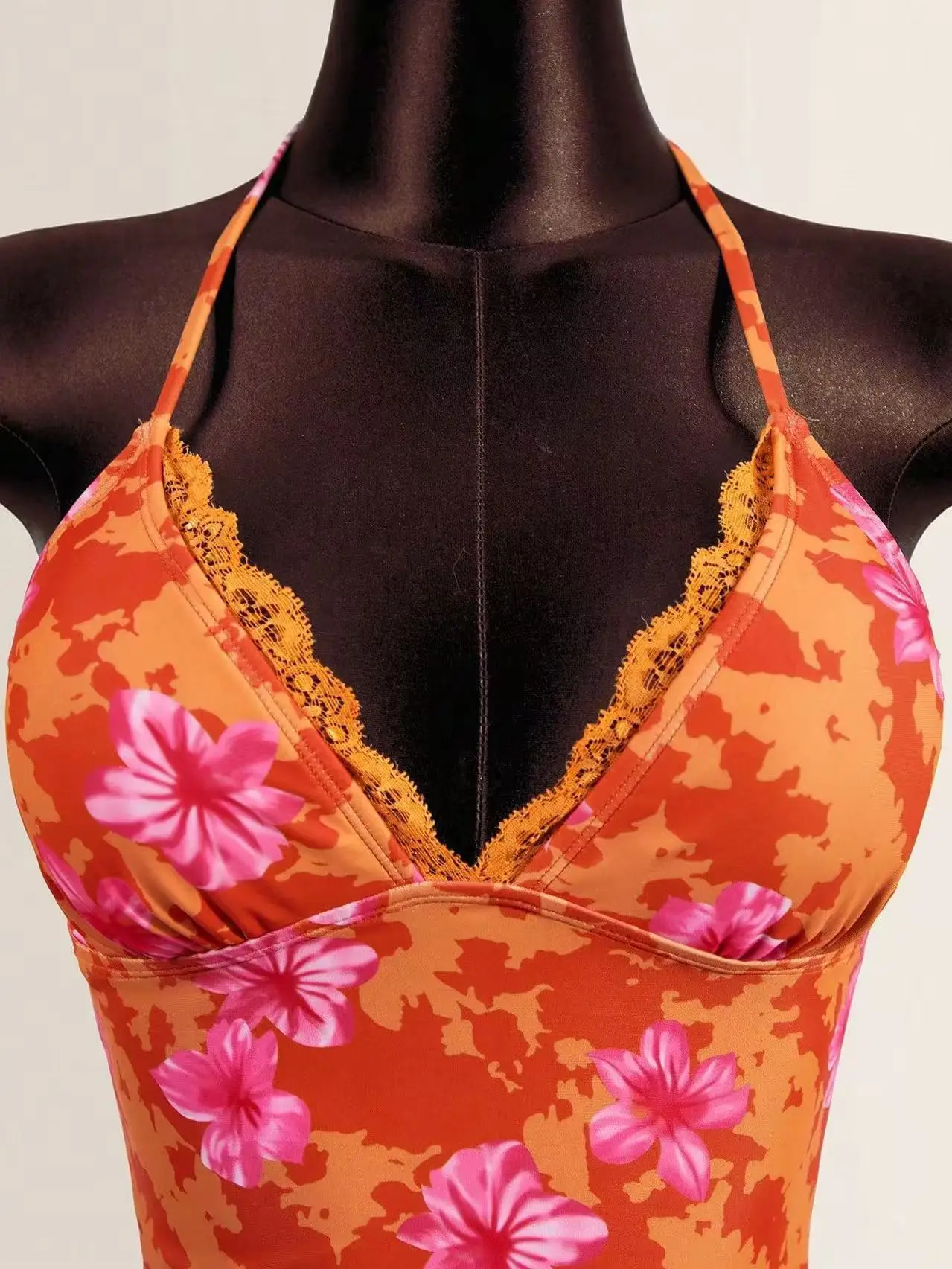 Women's Beach Vacation Swimsuit Orange Embellished Tropical Flower Print Lace Trim Halter Neck Tie Side 2 Piece Bikini Set 2026 - Image 6