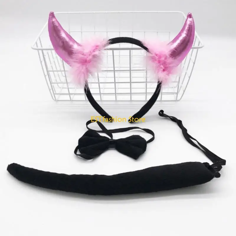 Y5GC Devil Costume Kits Halloween Party Prop Devil Ears Headband Bow Tie Tail Set Cosplays Performances Prop for Women Kids