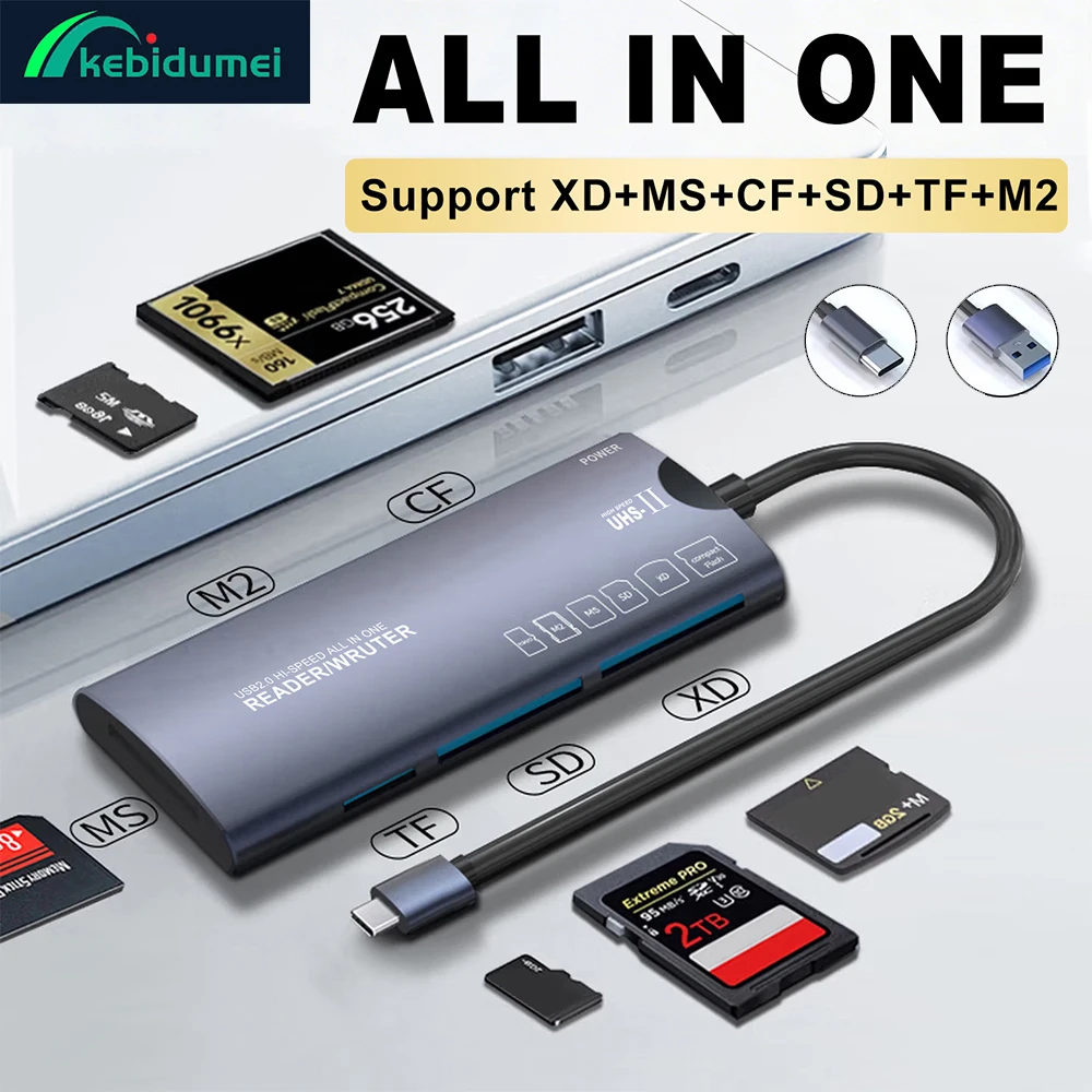 Kebidumei All in 1  USB 2.0/Type-C Multi-Function Card Reader SD TF XD CF M2 MS Memory Card Adapter for High Speed Data Transfer
