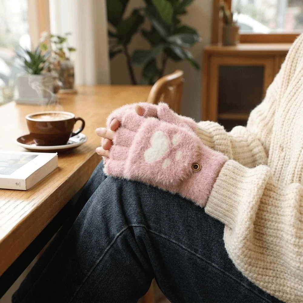 Cute Soft Cat Paw Gloves Flip Up and Down Short Fingerless Half Finger Gloves Touch Screen Cozy Warm Plush Mittens Adults