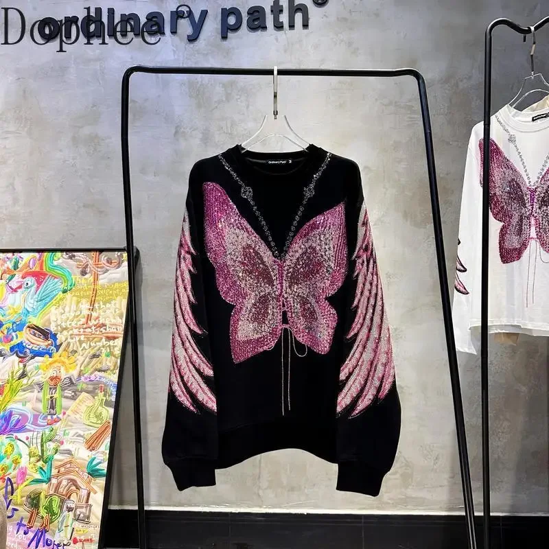 High Qaulity Pink Wings Hot Drilling Women Hoodies Butterfly Diamonds O-neck Pullover Top Streetwear Mid-long Loose Sweatshirt