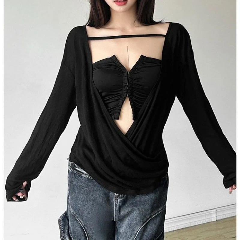 

Design pleated breasted tube top women's small vest with hollow cross thin long-sleeved T-shirt two-piece set