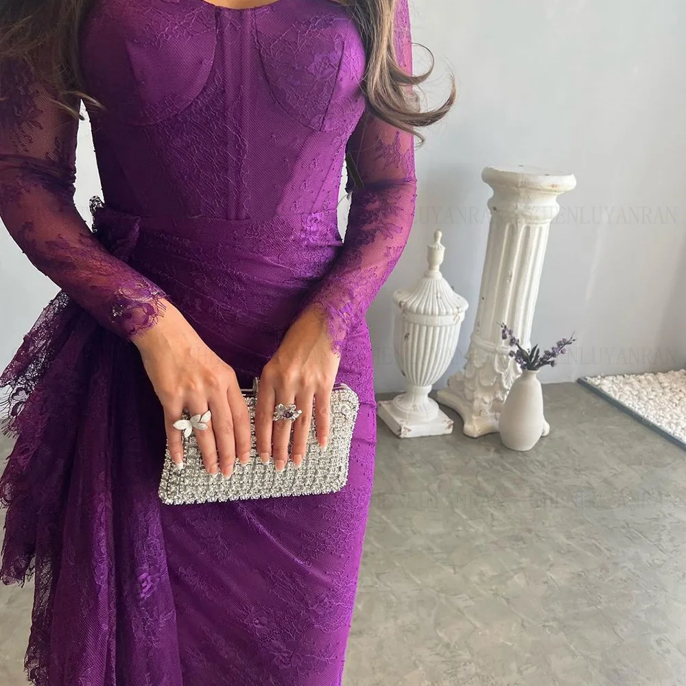 Purple Lace Formal Occasion Dresses 2024 Sweetheart Long Sleeves Ball Gowns Pleat Slit Sexy Evening Party Gown فساتين الحفلات