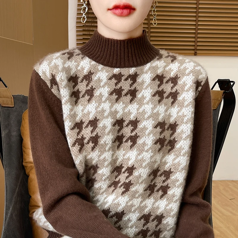 Podstawowy sweter damski z golfem, w kratę, z długim rękawem, wykonany w 100% z wełny merino, miękki, ciepły, kaszmirowy, elegancki.