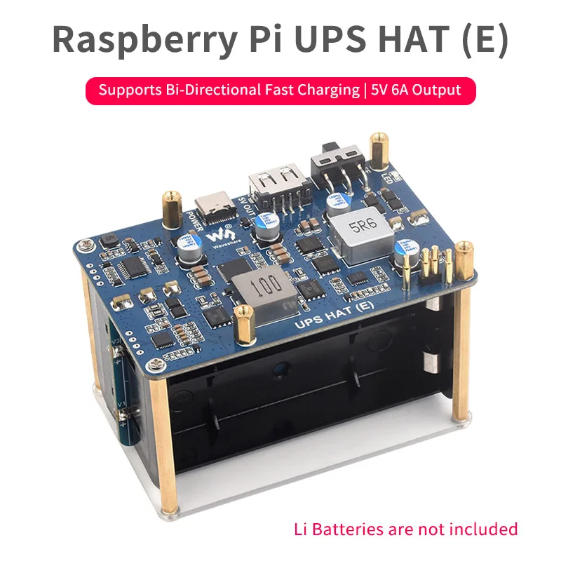 

Raspberry Pi 5 UPS HAT (E) 5В 6A источник бесперебойного питания поддерживает 4x21700 литиевых аккумулятора (не входят в комплект) Pogo pin Connector