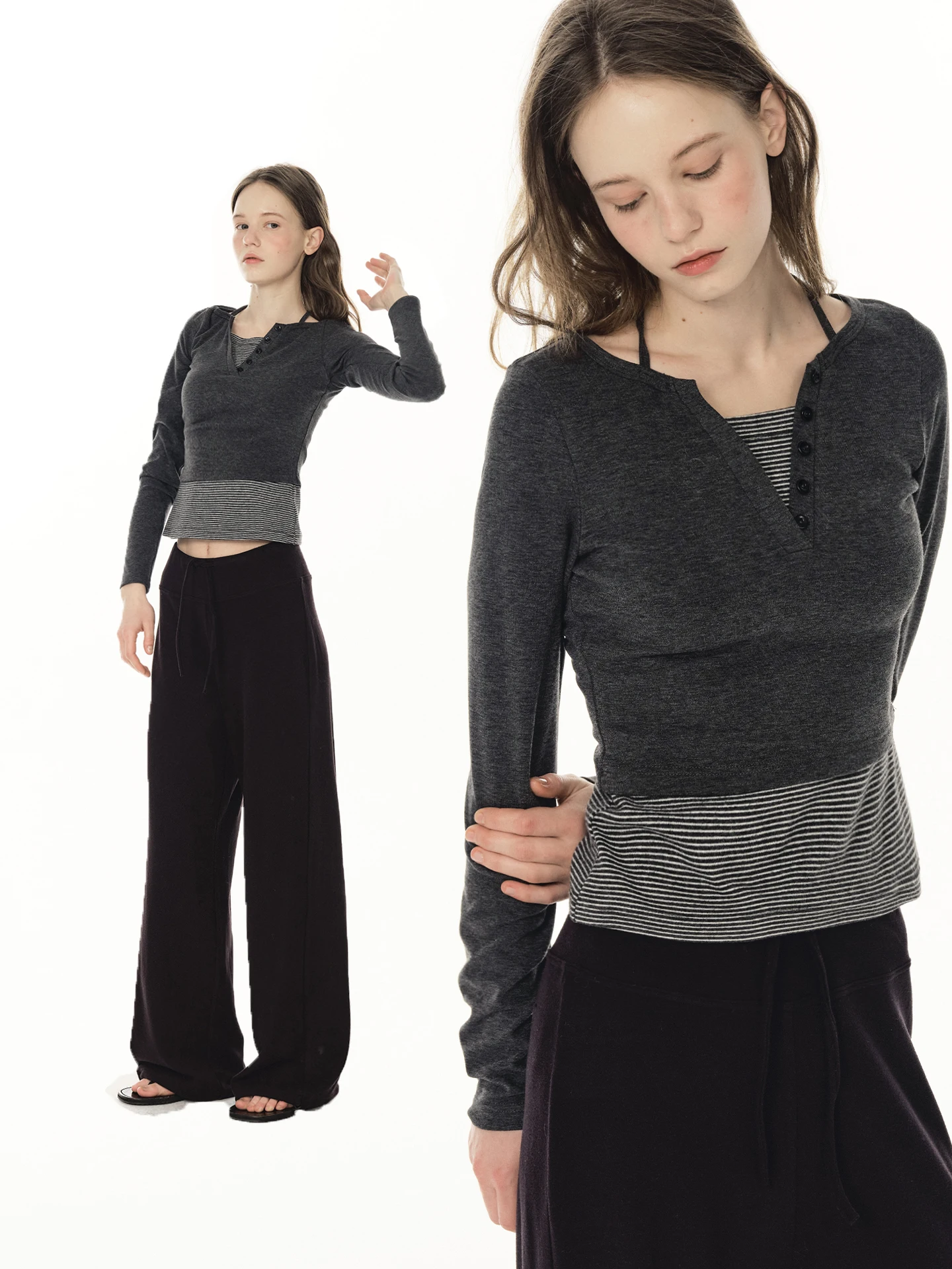 

Женская приталенная футболка в полоску с длинным рукавом и воротником хенли, осенне-зимняя, UNRETRO, дышащая, из смеси хлопка, полиэстера и спандекса