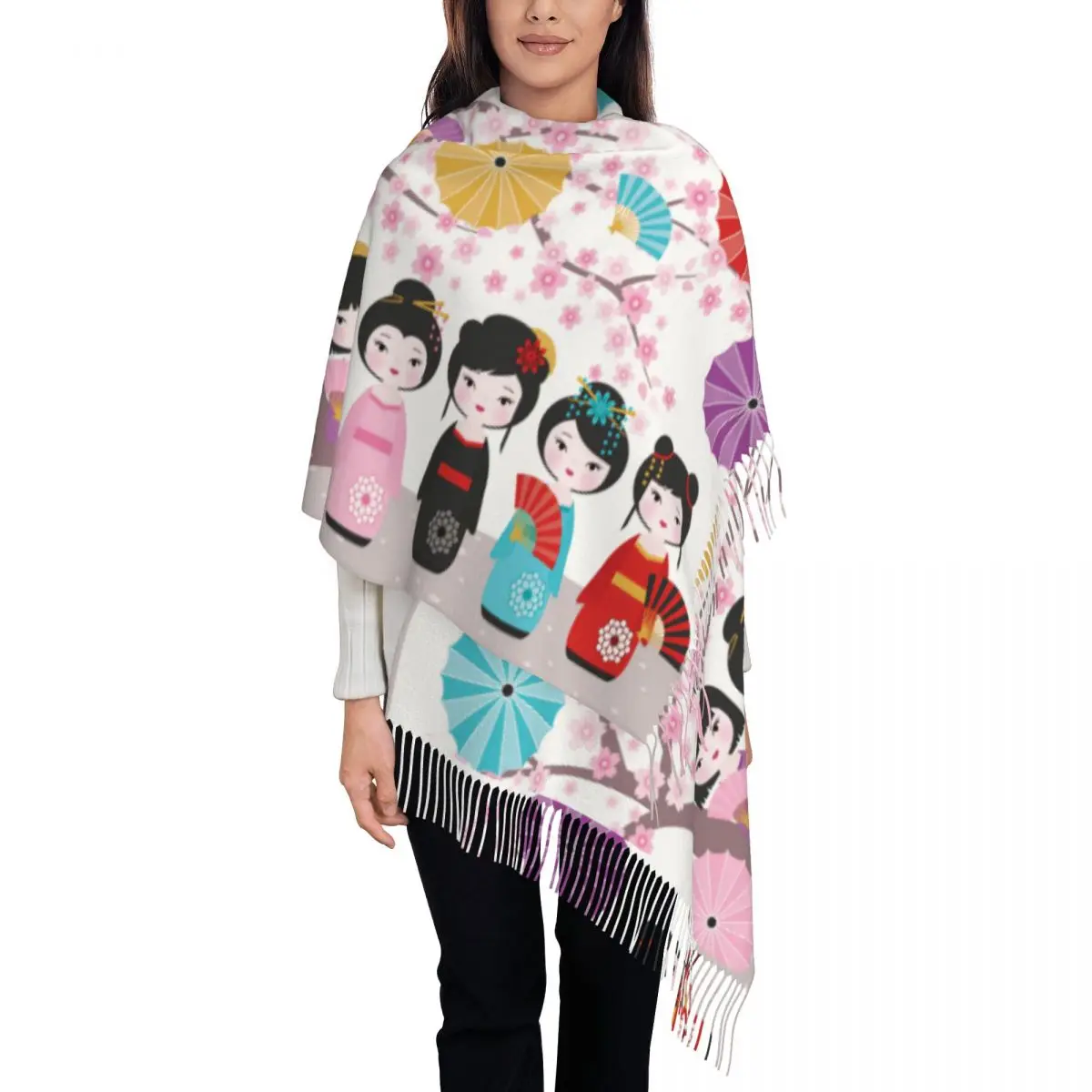 Custom Kawaii Kokeshi Doll Cherry Blossoms Scarf Wrap Long Winter Warm Tassel Shawl Unisex Japanese Geisha Girl Art Scarves