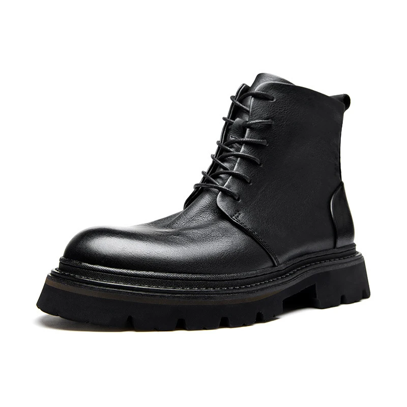 Botas clásicas de cuero genuino para hombre, Zapatos altos de suela gruesa, botas de caballero a la moda, botas de trabajo para exteriores, novedad de 2024