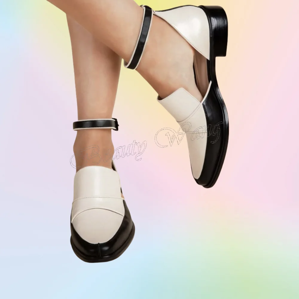 Wit Zwart Enkelgesp Pumps Cut Side Lage Vierkante Hak Plat Met Schoenen voor Vrouwen Ronde Neus Trouwschoenen 2025, Zapatillas Mujer