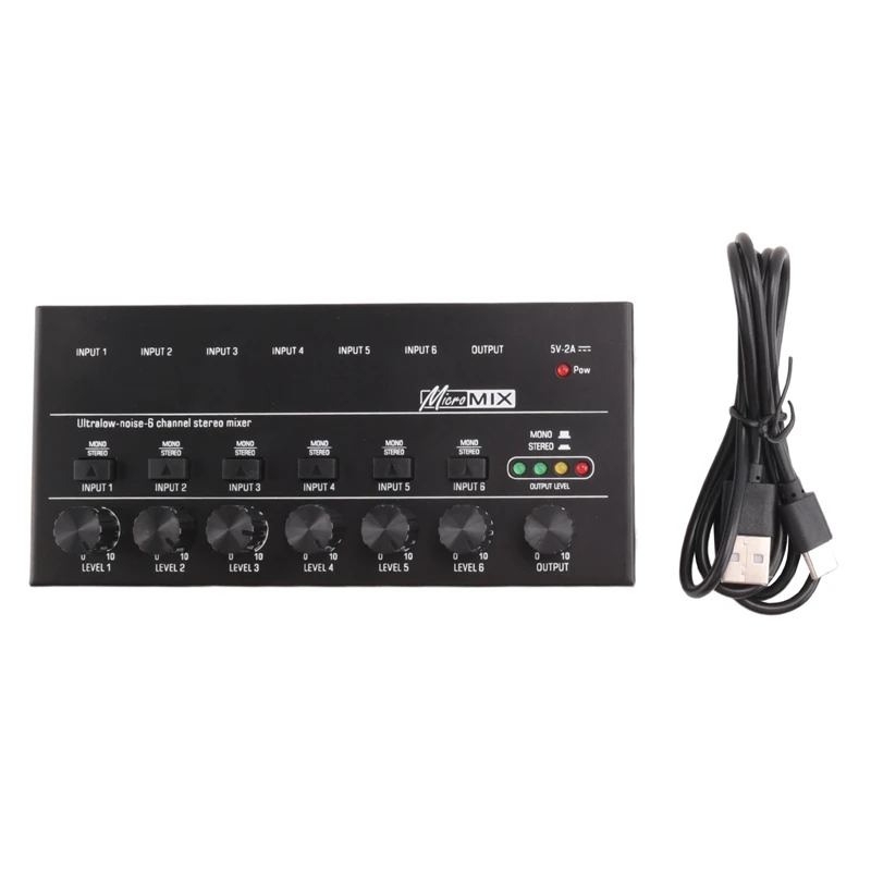 1 Piece 6 Channels Audio Mixer Mini Stereo Mixer 6.35MM Low-Noise USB Mixer For Recording Studio ,Black