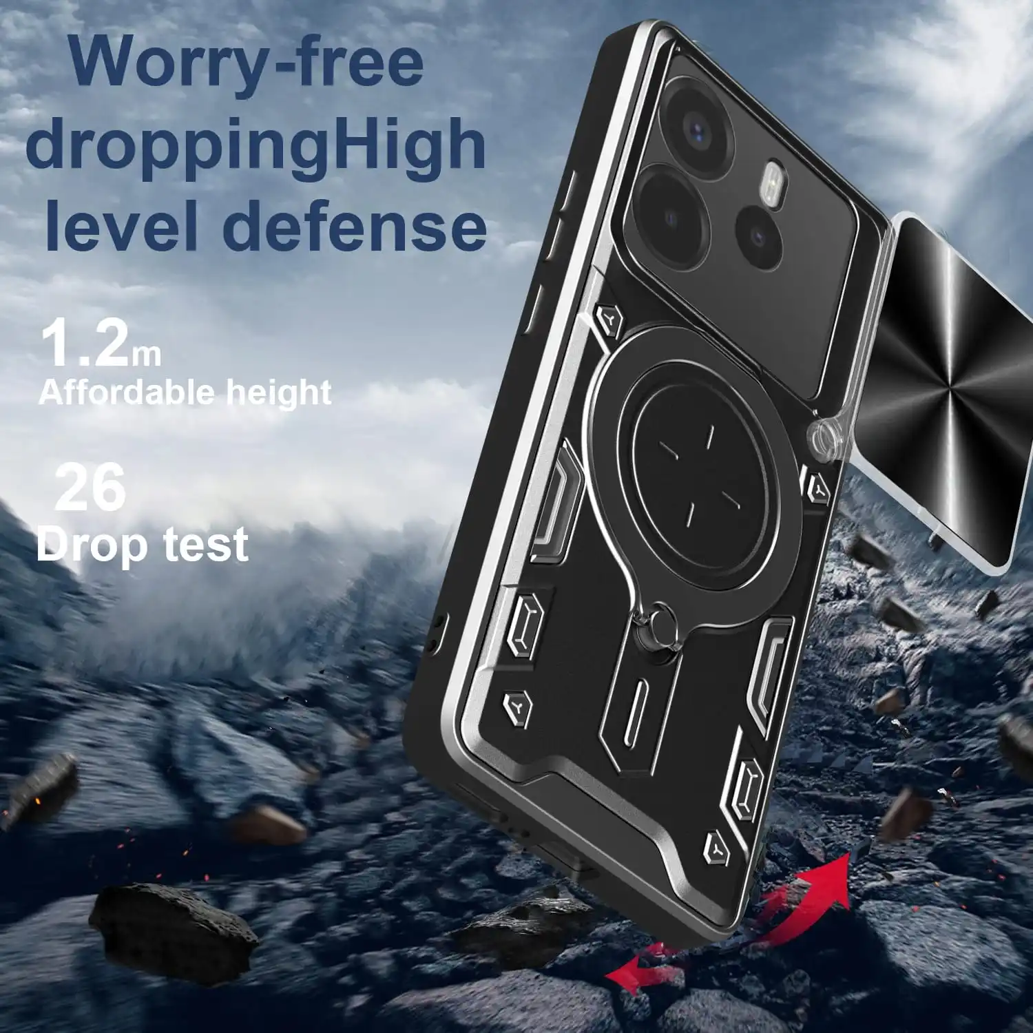 Funda para Xiaomi Redmi Note 14 4G, protección de cámara deslizante magnética Note14Pro 13Pro + Funda con soporte giratorio 360, Funda con anillo de armadura