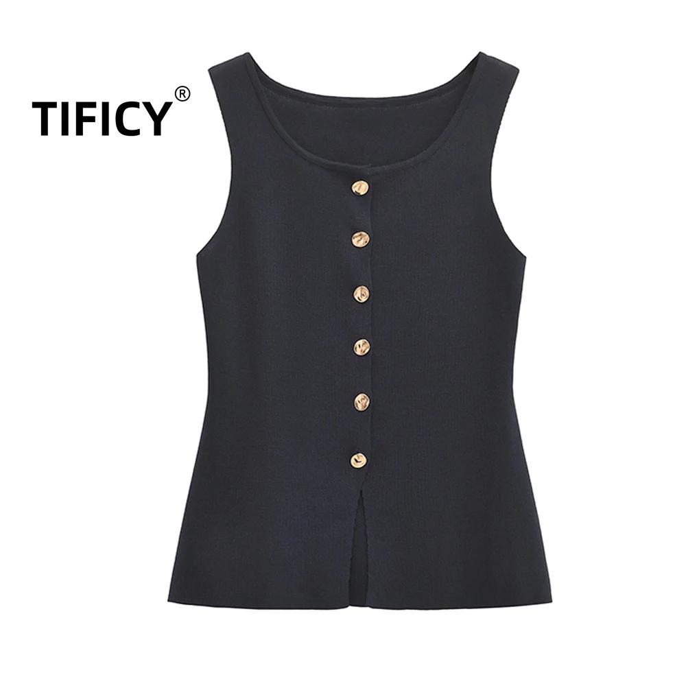 

High Street Tanks Spring Women's Clothing Waist Cinching Slimming Round Neck Sleeveless Gold Buckle Decoration Flat Needle Vest