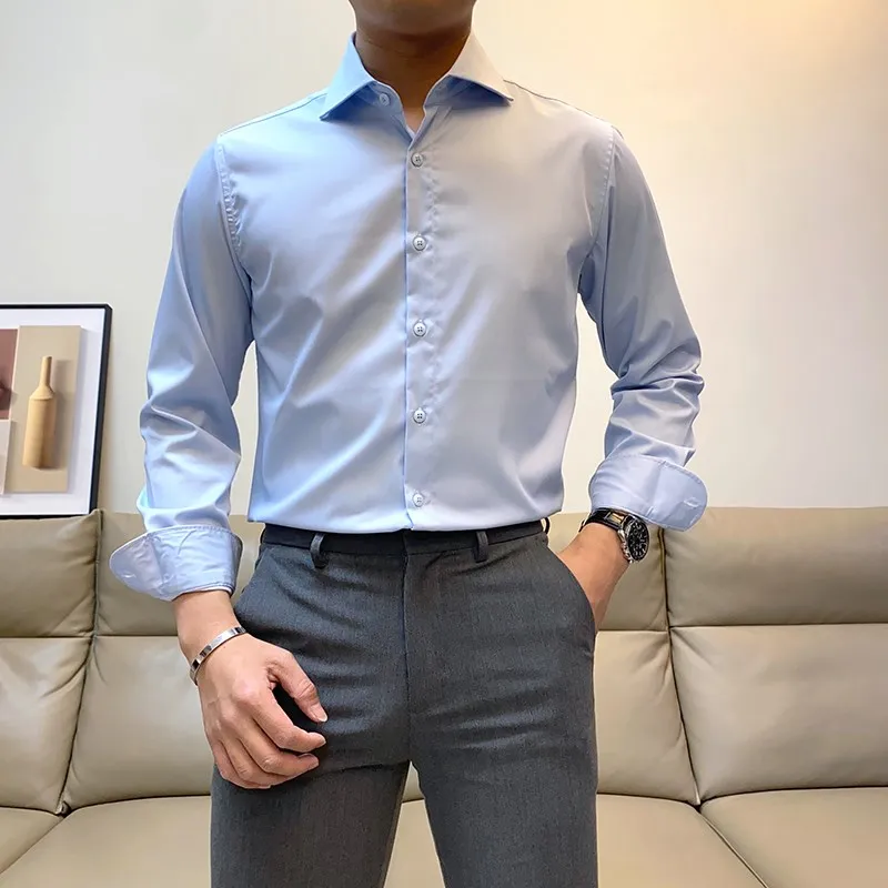 

Spring 2024 Men's Slim Fit Long Sleeve Casual Shirt Fashionable Iron Free Pure Color Sharp Collar Versatile Urban Style