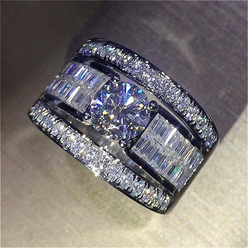 Modischer, vollständig mit synthetischem Zirkonia besetzter, breiter, versilberter Ring für Damen und Herren, klassisches Design, Jubiläumsschmuck, Geschenk