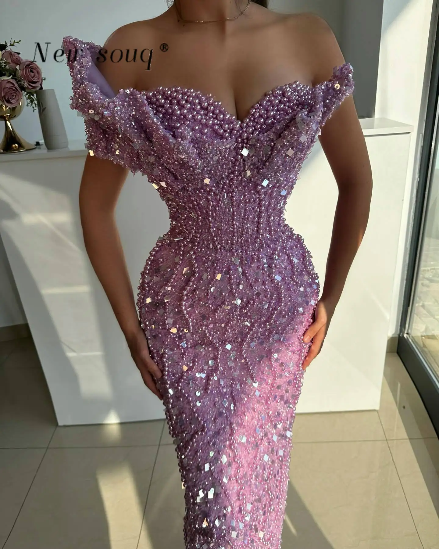 Light Purple Ankle Length Evening Dresses One Shoulder Pearls Beaded Mermaid Wedding After Party Gowns Custom Made Prom Robes