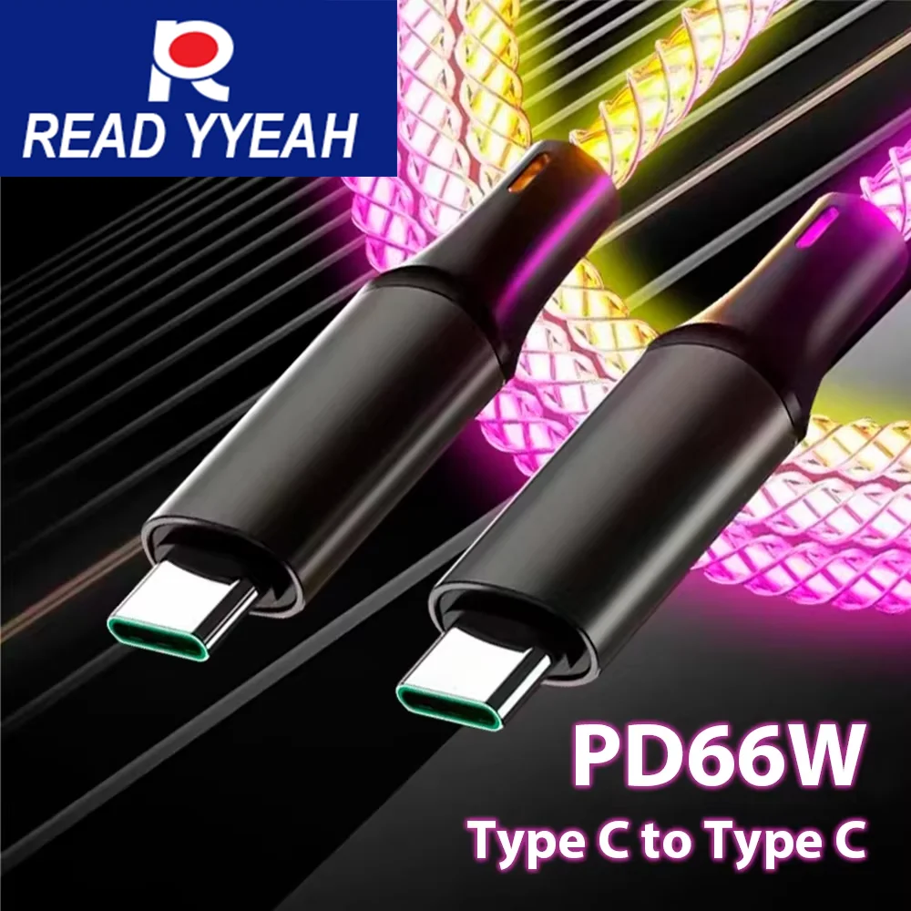 

6A Fast Charging RGB Breathing Luminous Gradient Light Data Cable 66W TYPE-C Charger For iPhone 15 Pro Huawei Samsung Data Cable