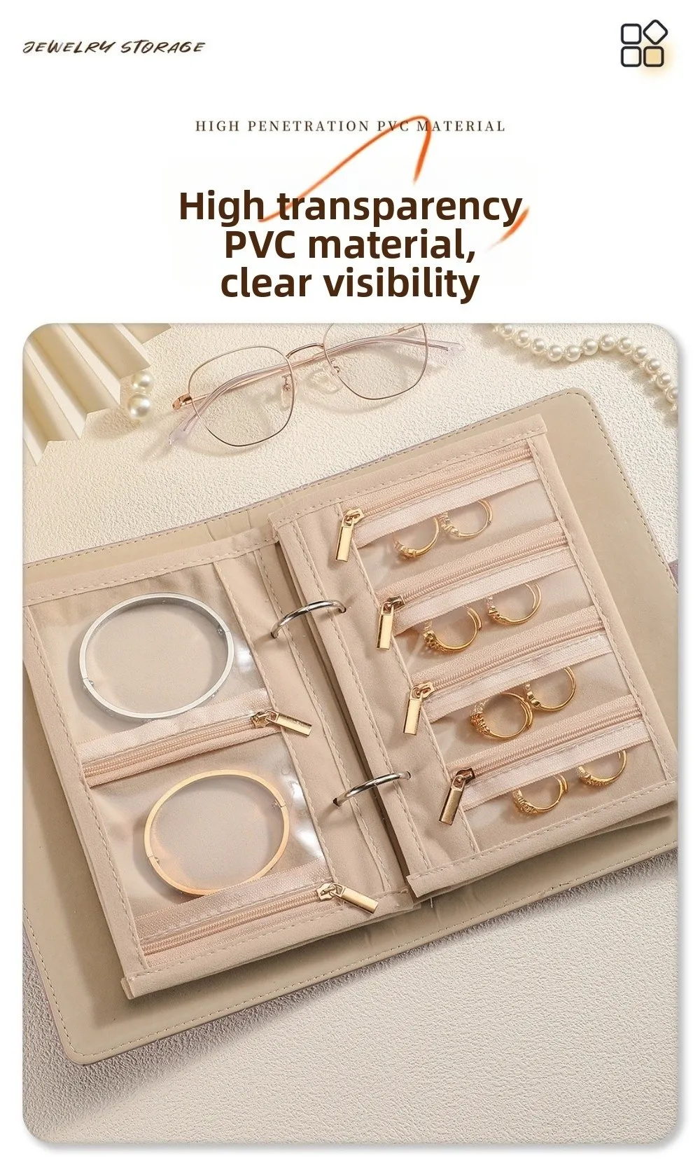 Transparent Jewelry Storage Book Velvet with Zipper Binder Storage Book Luxury PU Leather Clear Pockets Storage Bag for Jewelry