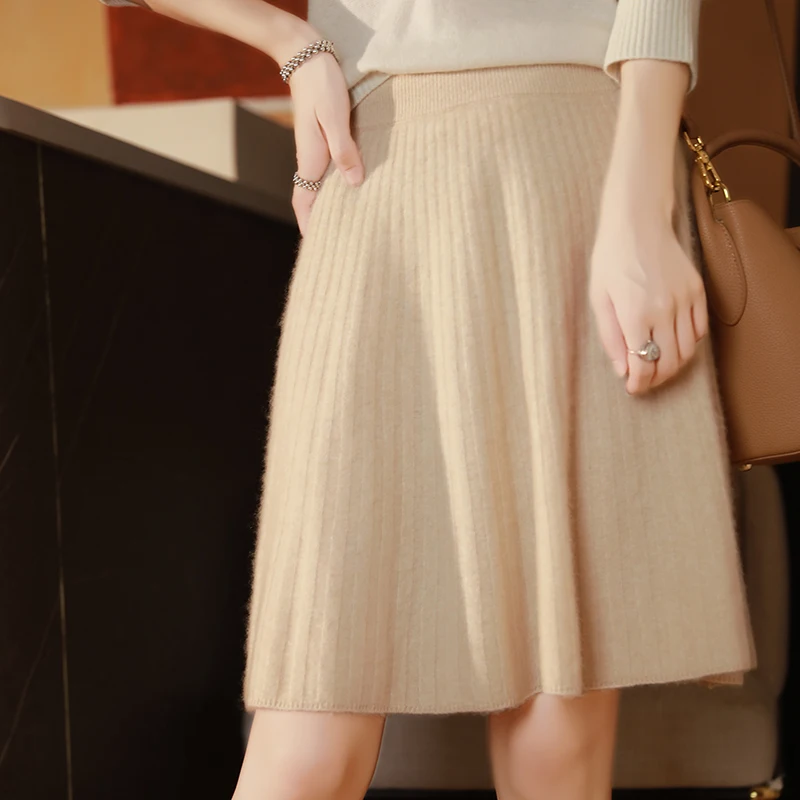 Elegant Women 100% Wool Knitted Skirt Korean Fashion Solid Casual A Line Ladies Pleated Short Skirt Spring Chic High Waist Skirt