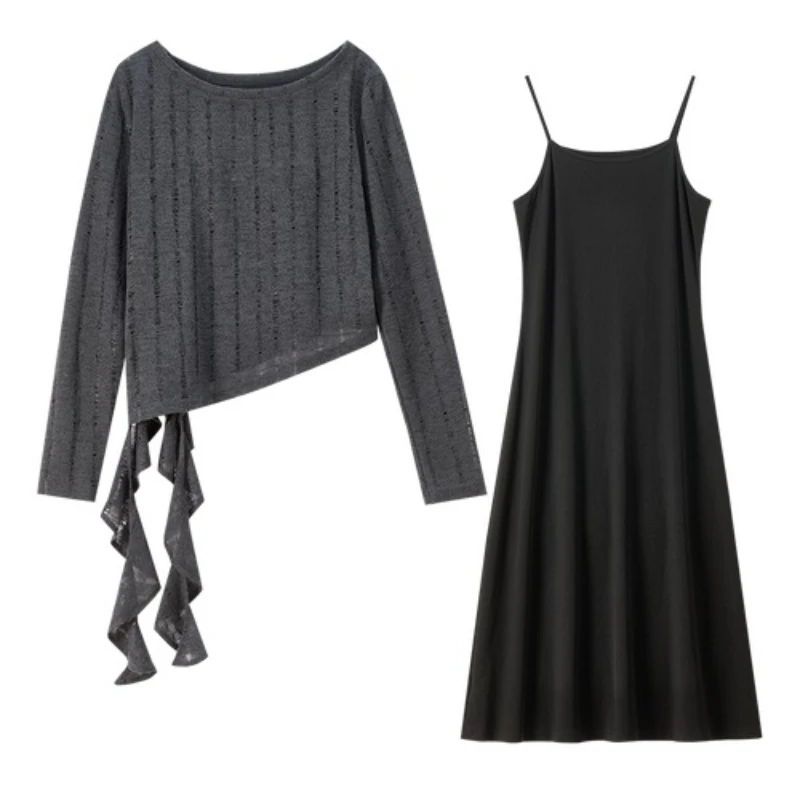 SENTUBILA Women's Two-Piece Set 2025 Autumn Hollow Out Knitted Ruffle Hem Top & A-Line Slip Dress Elegant Lazy Outfit W53ZB3500