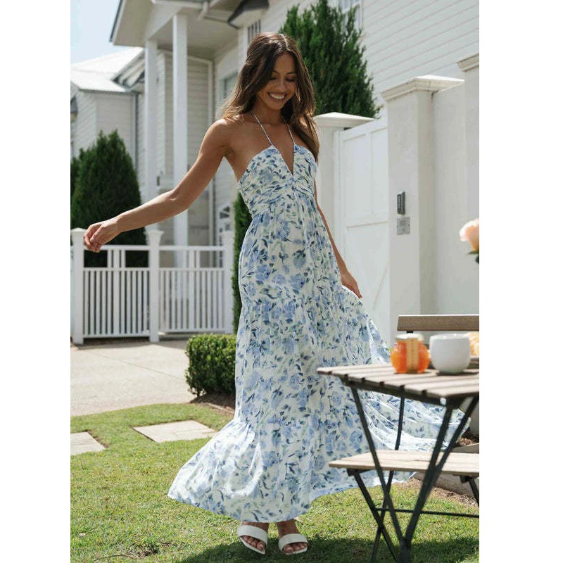 2024 New Women Sexy Long Dress Sleeveless Halter Neck Vacation Beach Dress High Waist Ladies Summer Bohemian White Maxi Dress