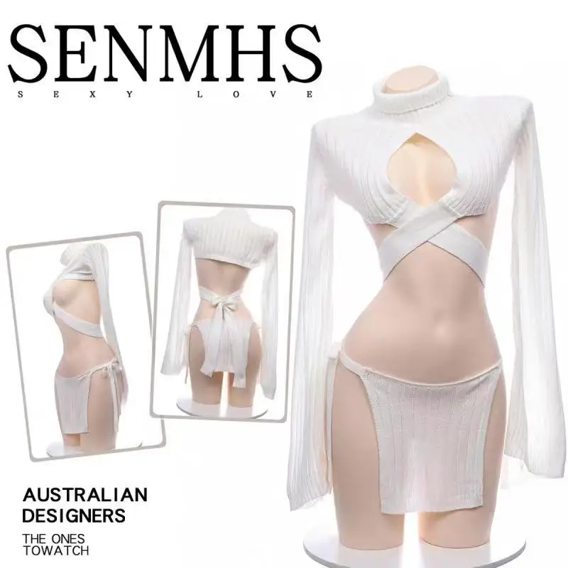 SENMHS Japanese Hollow Out Sweater Student Sexy Lingerie Pajamas Cosplay Girls Lovely Bowknot Bra And Skirt Set For Women White